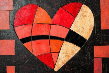 Fototapeta premium A stylized red heart with bold black outlines and geometric cuts, symbolizing passion, health, or love.