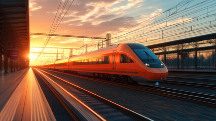 Fototapeta premium High-speed train approaching at sunset with motion blur on a railway platform