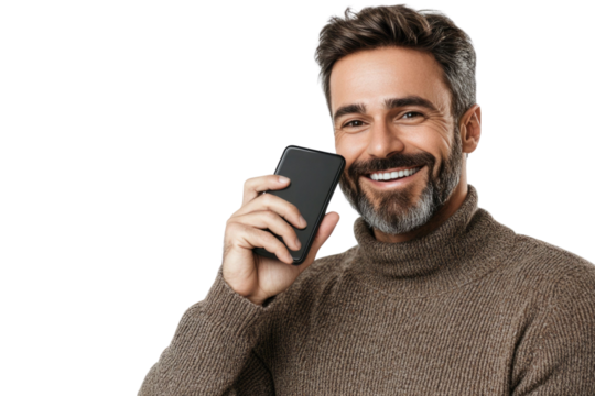 Portrait of pleased handsome man using mobile phone isolated over PNG
