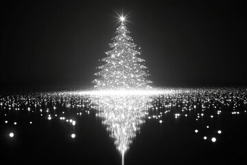 Elegant black and white Christmas tree with shimmering lights reflecting beautifully on a dark surface.
