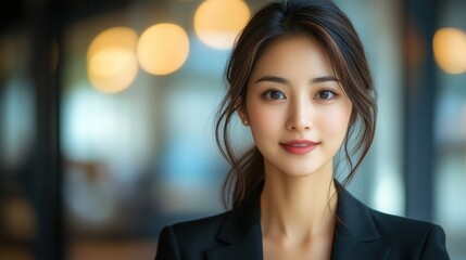 Obraz premium Young professional woman smiling confidently in a well-lit modern office during a business meeting