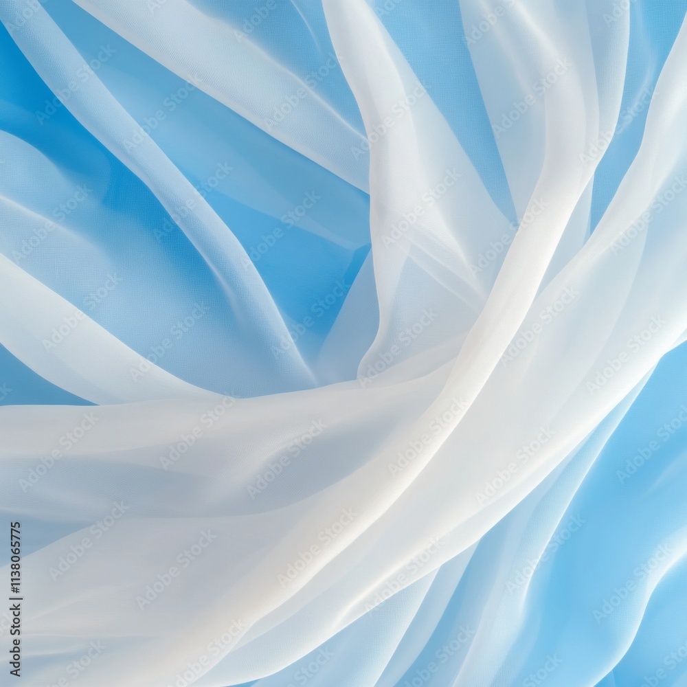 Poster translucent blue and white fabric overlays fluid, resilient patterns in soft focus