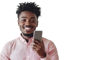 Portrait of pleased handsome man using mobile phone isolated over PNG