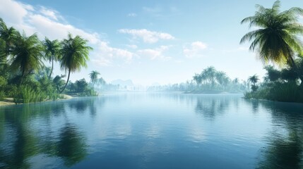 Tranquil canal scene with lush palm trees reflecting on calm water under a clear blue sky in a serene natural landscape.