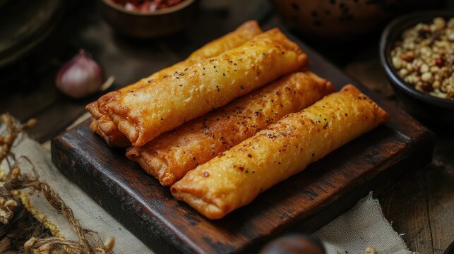 Traditional savory snack platter featuring golden crispy Alen alen rolls served on a rustic wooden board with spices and ingredients.