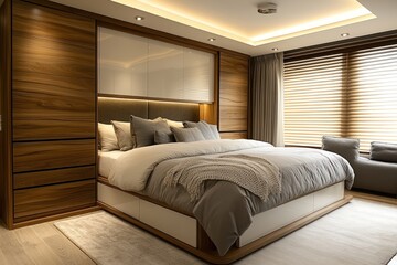Modern bedroom with built-in wooden wardrobe, large bed, grey bedding, and window blinds.