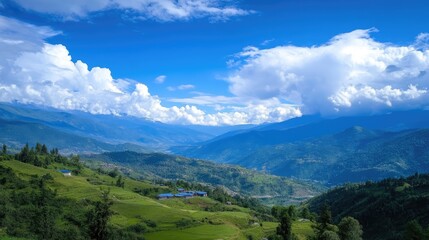 Obraz premium Breathtaking panoramic landscape with rolling hills and dramatic clouds under a vibrant blue sky