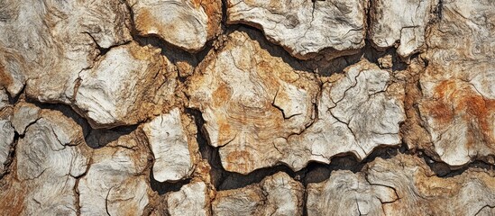 Obraz premium Textured close-up of weathered tree bark showcasing intricate cracks and natural patterns in earthy tones for design backgrounds.