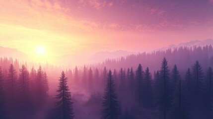 Serene sunrise panorama with misty evergreen trees against a soft pink and orange sky in a tranquil natural landscape.