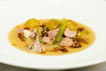 Vegetable beef soup. Traditional Turkish cuisine. Healing soup. Delicious dinner.