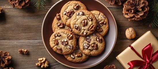 Fototapeta premium Festive cookie arrangement with walnuts and gift decorations on a rustic wooden background perfect for holiday celebrations.
