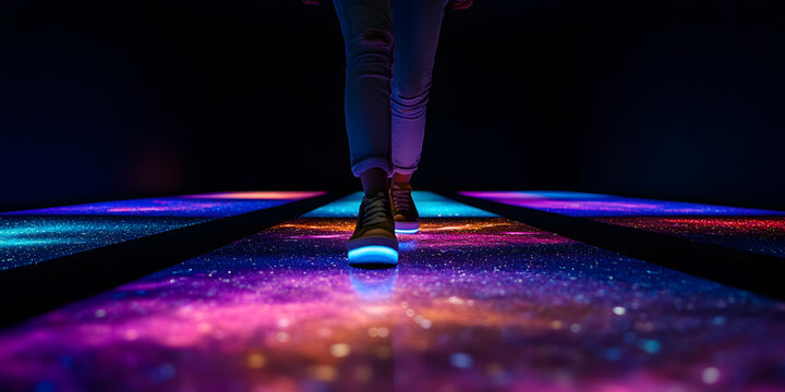 Low section of visitor walking on illuminated interactive floor projection mapping installation art, creating immersive and futuristic experience