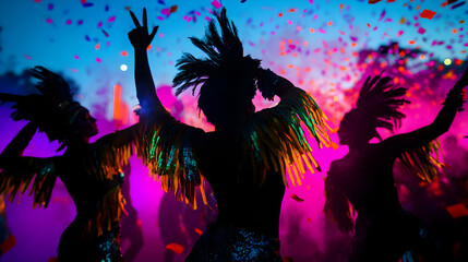 Silhouetted brazilian dancers performing under confetti rain at a carnival night party with colorful lights