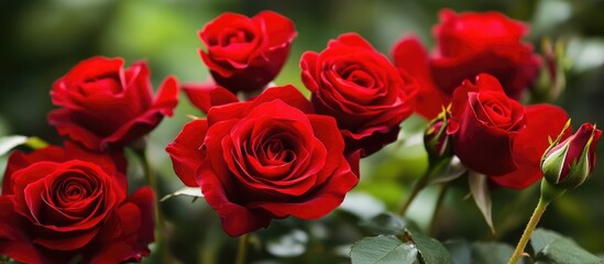 Obraz premium Vibrant red roses in full bloom surrounded by lush green foliage showcasing nature's beauty and elegance.