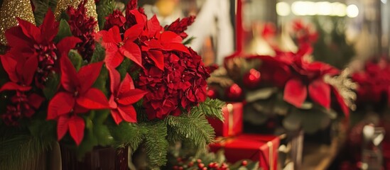 Festive holiday floral arrangements featuring vibrant red poinsettias and seasonal greenery for a joyful celebration ambiance