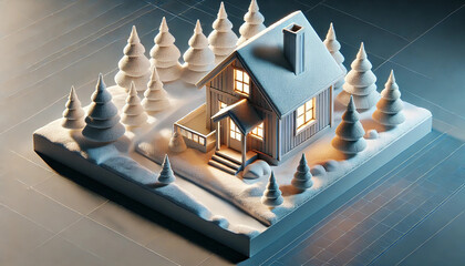 Ice Model of Winter Village with Snow-Covered Trees and Cozy House. Building Information Modeling, 3D design, BIM technology. 