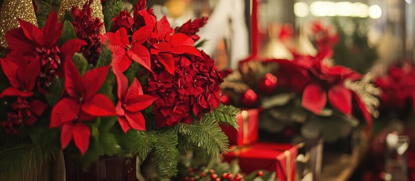 Fototapeta Festive holiday floral arrangements featuring vibrant red poinsettias and seasonal greenery for a joyful celebration ambiance