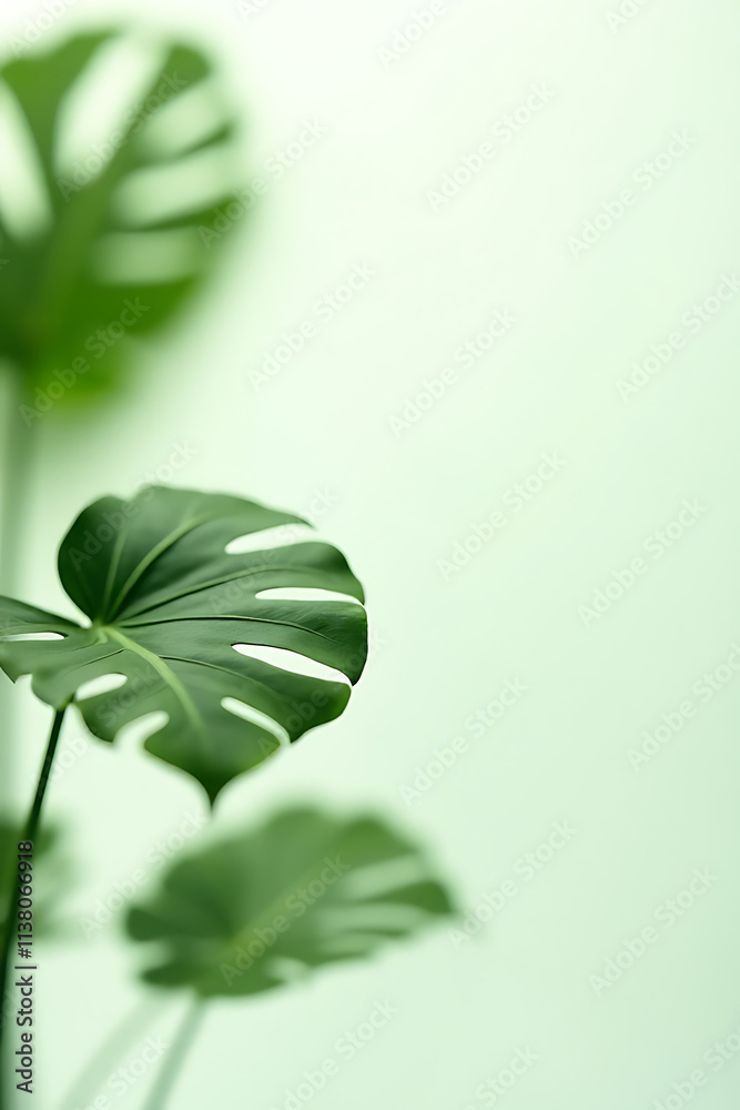 Poster Beautiful Monstera leaves in selective focus on a white transparent background create a unique and stylish decorating design element._00003_