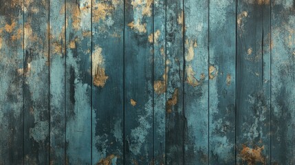 Rustic weathered wooden background with teal and gold textures for creative design and artistic projects.