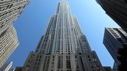 Obraz premium Majestic Skyscraper Piercing the Sky: A Low-Angle View of Architectural Grandeur in the City