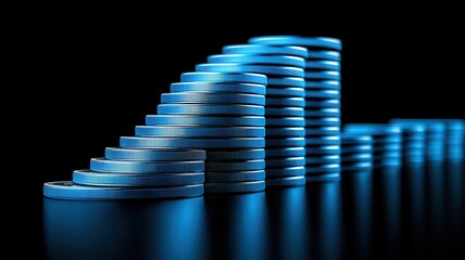 A striking image of blue coins stacked in a gradient, symbolizing growth and financial success.