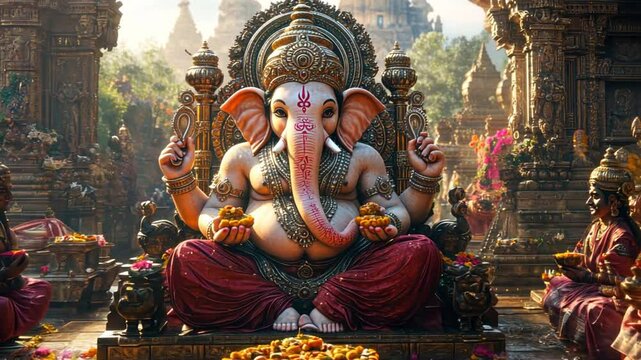Depictions of the lively atmosphere during the festival, with devotees offering sweets like modaks to Lord Ganesha.
