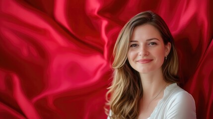 Naklejka premium Elegant woman with radiant smile posing against luxurious red silk fabric backdrop, perfect for wedding and love-themed compositions.