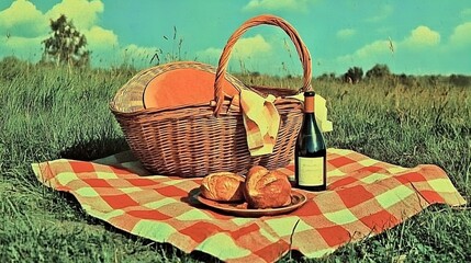 Charming Wicker Picnic Basket Scene: Perfect Wall Art for Your Sports Room - Enjoy Relaxation with a Plaid Blanket and Wine Under Blue Skies