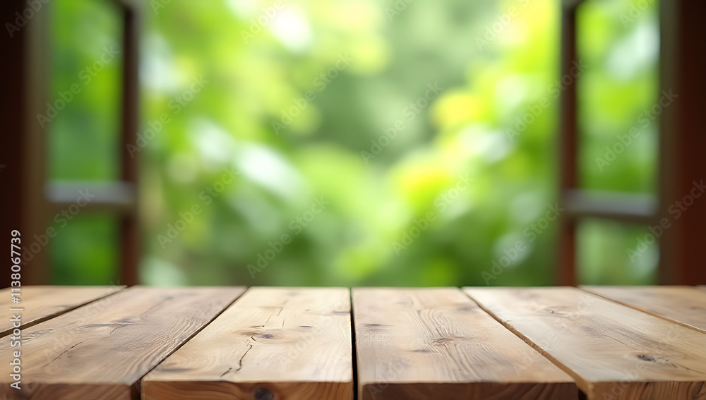 Poster An empty wooden tabletop is visible through a blurred abstract image of a green garden from the background of a window._00001_