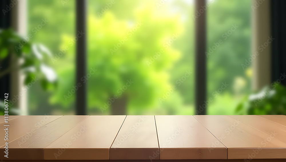 Poster An empty wooden tabletop is visible through a blurred abstract image of a green garden from the background of a window._00002_