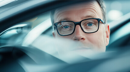 A professional portrait photograph of a fleet car buyer, strong depth of field 