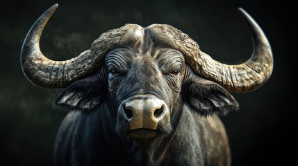 Naklejka premium Majestic close-up of a buffalo showcasing impressive horns and fierce gaze against a dark background, highlighting the strength of wildlife.