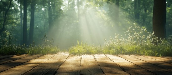 Majestic sunlight filtering through trees illuminating a serene forest with wooden floor planks and lush greenery
