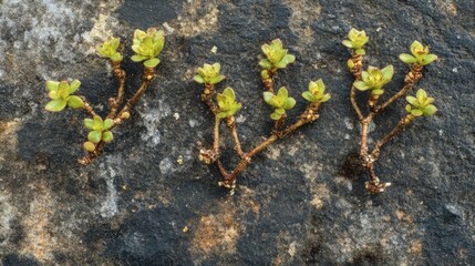 Background of vibrant young green shoots emerging from rocky surface symbolizing growth and resilience in nature.