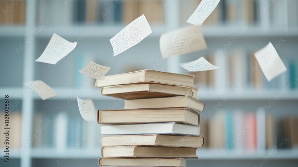 Poster Timeless Learning Stacked Books and Floating Handwritten Notes Illuminated by Muted Lighting