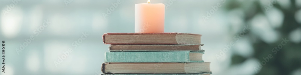 Aufkleber stack of vintage books with glowing candle timeless learning and nostalgic ambiance