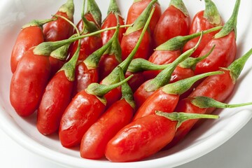 Close-Up of Fresh Red Chili Peppers in a Bowl on White Background