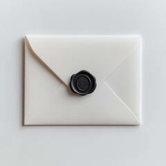 Elegant white envelope with black wax seal, perfect for invitations or special messages. crisp edges and smooth surface enhance its sophisticated appearance