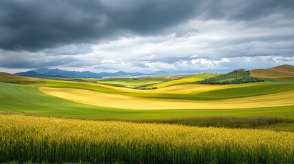 Fototapeta premium Lush agricultural landscape with vibrant ripe wheat fields under a dramatic cloudy sky showcasing the beauty of rural farming scenery