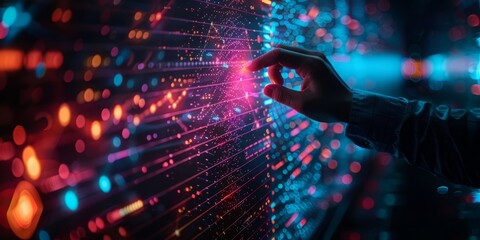 Hand interacting with a glowing futuristic digital interface filled with vibrant neon data and abstract technology elements