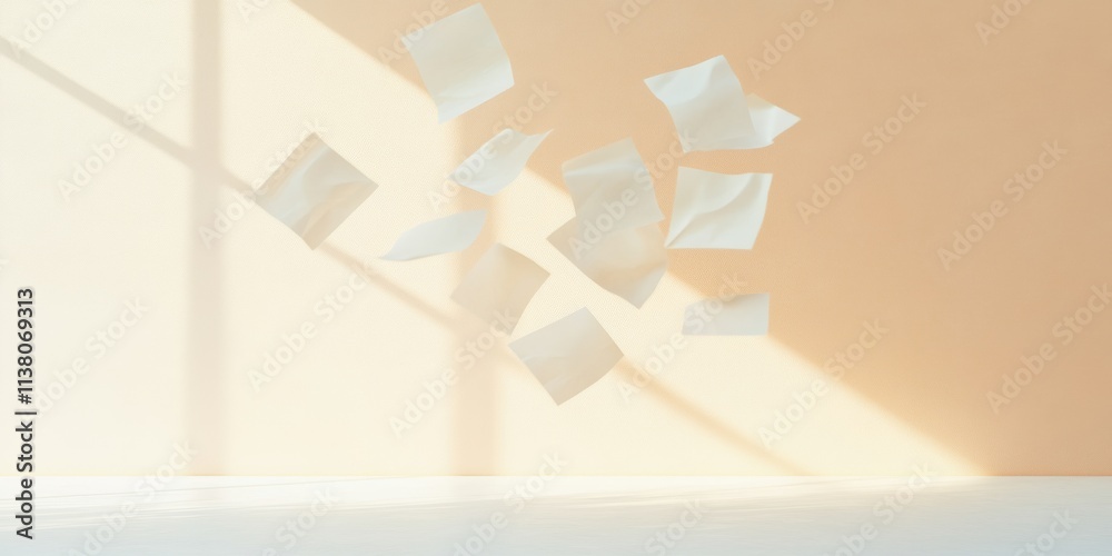 Poster dreamlike minimalism with floating papers in soft pastel light