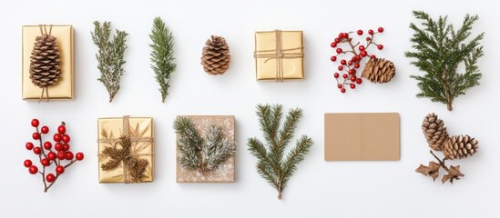 Elegant Christmas flat lay with golden gift boxes pine cones red berries and festive greenery on a white background viewed from above