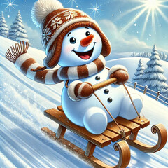 Friendly and cheerful snowman wearing a knitted hat and scarf sledding in snowy forest. Golden sunlight shining through trees. Festive winter scene for holiday designs, seasonal greetings.