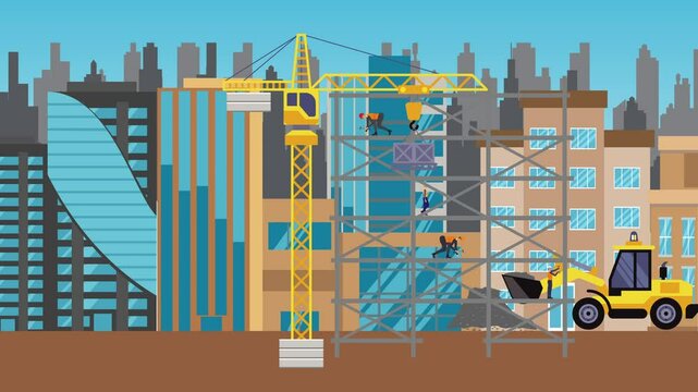 Construction site area, working on the edge of town with engineers and building machines animation