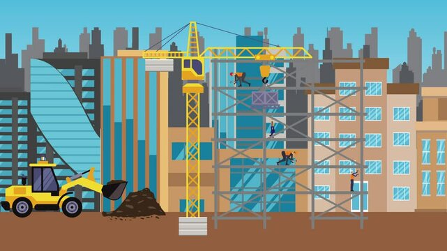 Construction site area, working on the edge of town with engineers and building machines animation