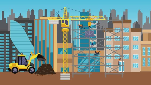 Construction site area, working on the edge of town with engineers and building machines animation
