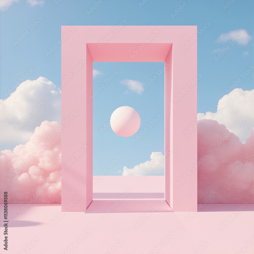 Poster surreal pastel dreamscape with floating sphere and abstract portal in fantasy landscape