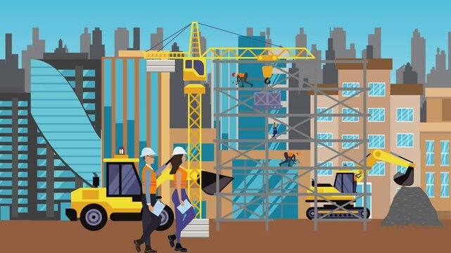 Construction site area, working on the edge of town with engineers and building machines animation