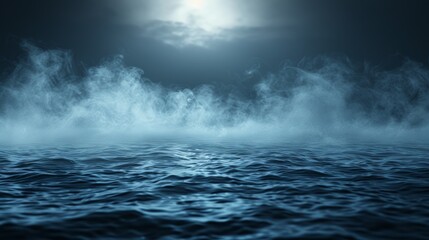 Fog rolls over dark ocean under moonlight.