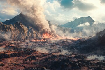 Fototapeta premium Volcanic eruption in a dramatic landscape with smoke and lava flow in a remote mountainous region during late afternoon
